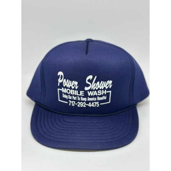 VTG Power Shower Mobile Wash Snapback Trucker Hat Navy Blue One Size Retro 70's - Picture 2 of 8